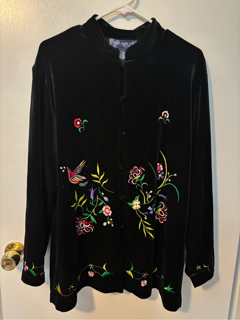 Vintage 90s Butter Mom Quirky Susan Graver Black Velvet Embroidered Jacket Large